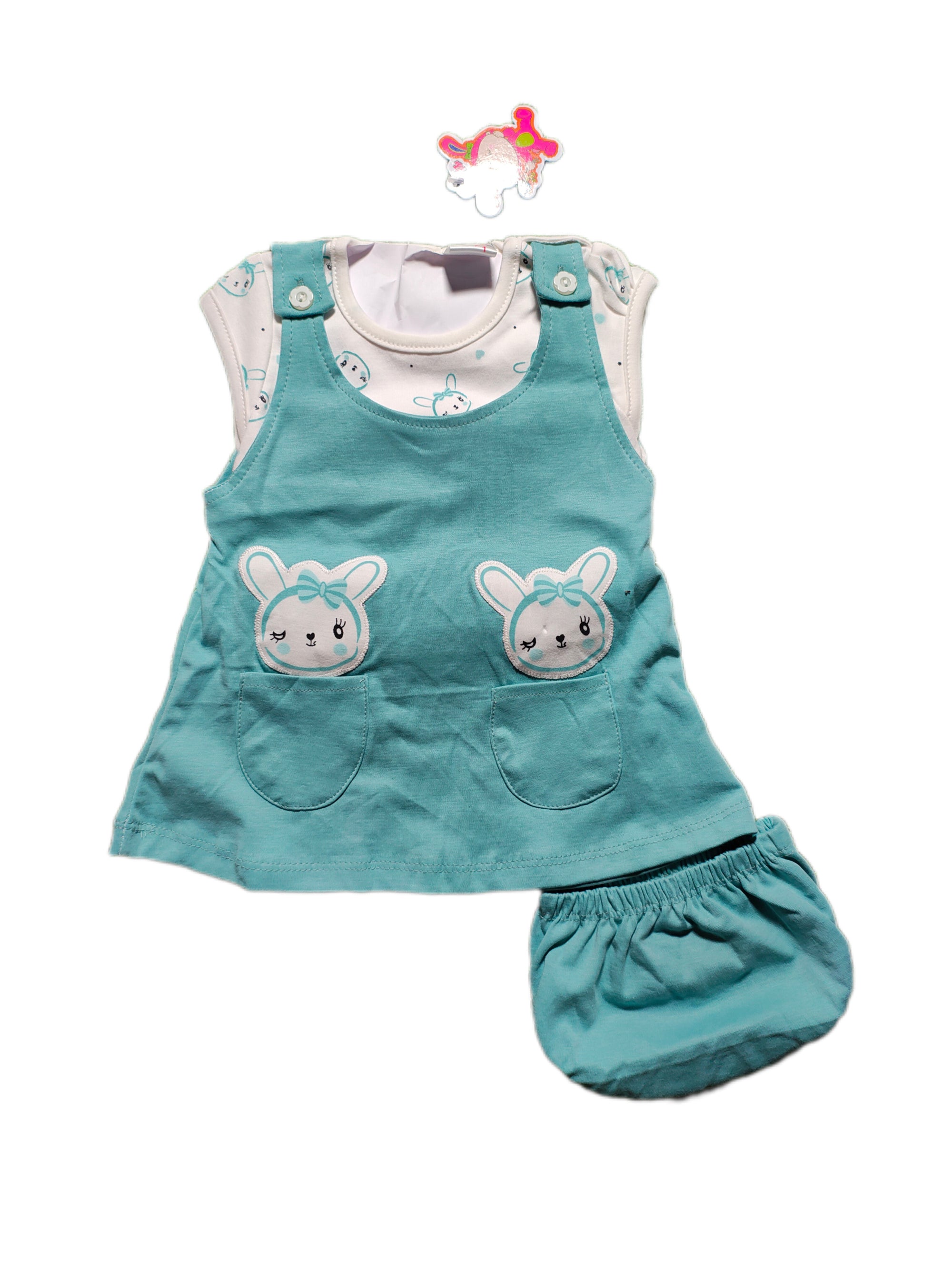 Adorable 3-Piece Baby Girl Dress Set – Bunny Pocket Design (1 Year)