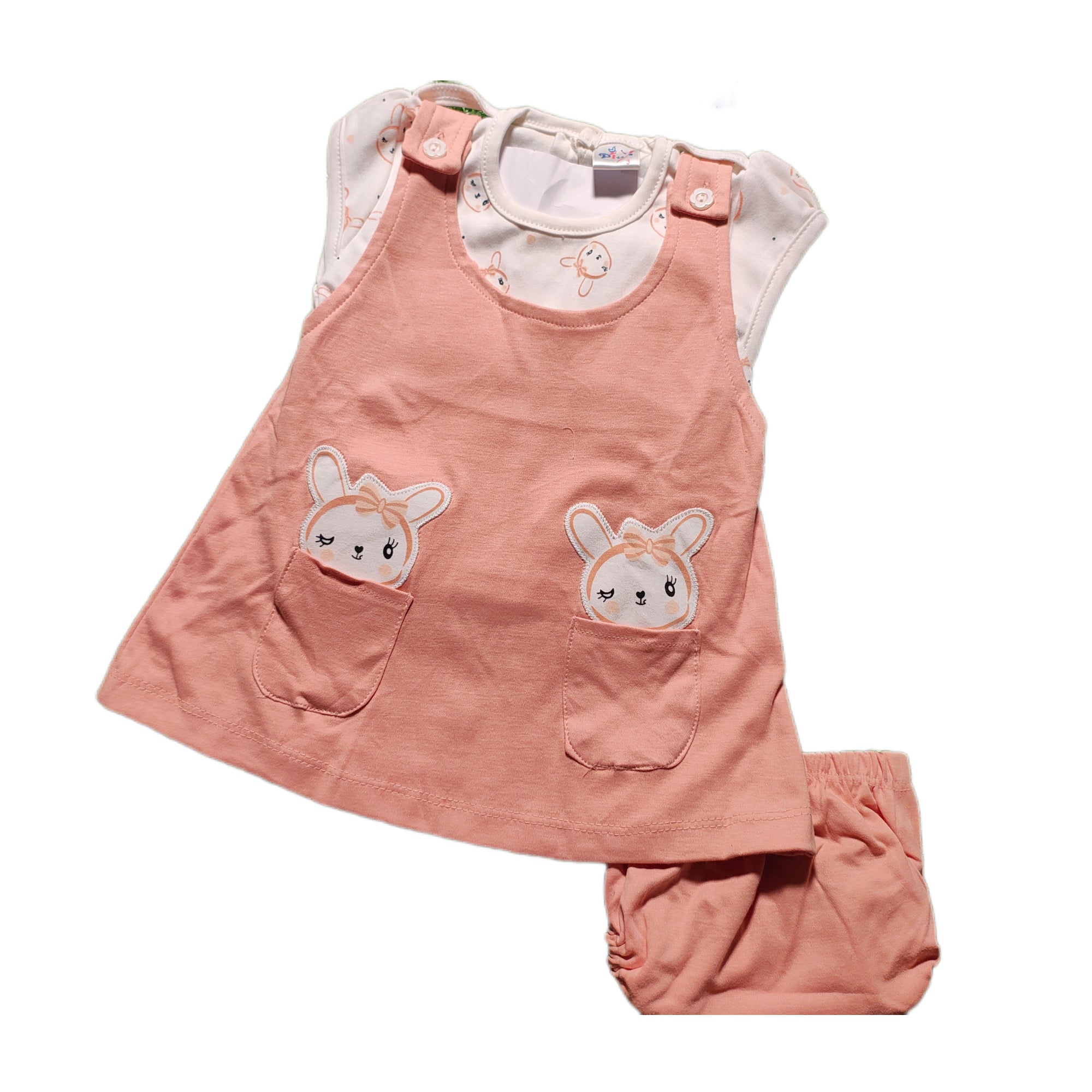 Adorable 3-Piece Baby Girl Dress Set – Bunny Pocket Design (1 Year)