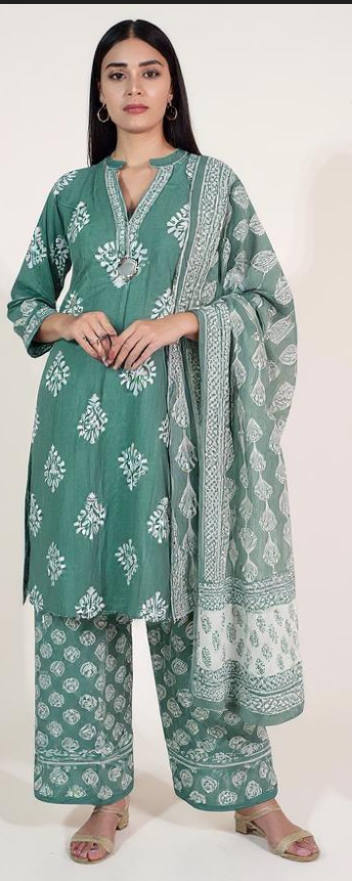 Graceful Green Cotton 3-Piece Kurta Set for Women