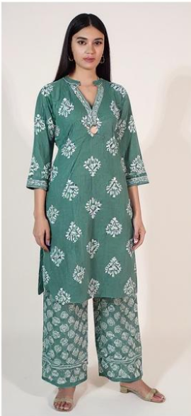 Graceful Green Cotton 3-Piece Kurta Set for Women