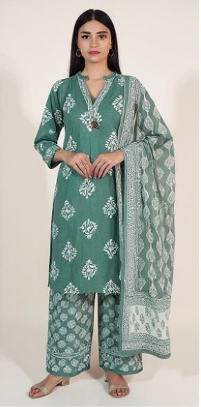 Graceful Green Cotton 3-Piece Kurta Set for Women