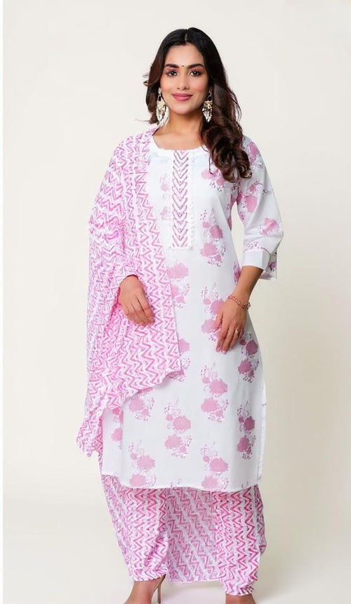 Elegant White & Pink Printed 3-Piece Kurta Set for Women